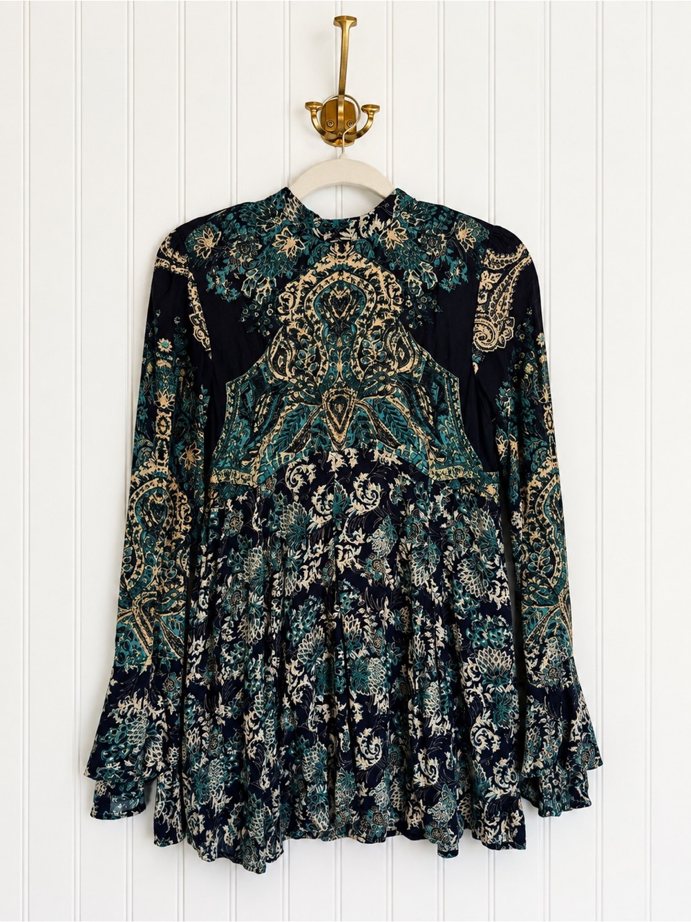 Free People Lady Luck Tunic Blue Combo Paisley Bell Sleeve Small NWT